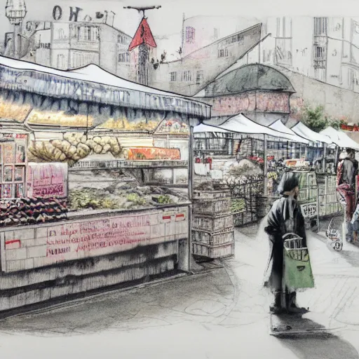 Image similar to pencil and pen drawing of a food market festival by banksy. Street photography. Watercolor finishing.