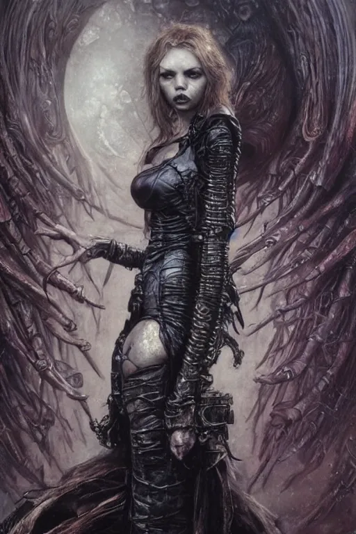 Prompt: portrait of hannah murray by hr giger, greg rutkowski, luis royo and wayne barlowe as a diablo, resident evil, dark souls, bloodborne monster