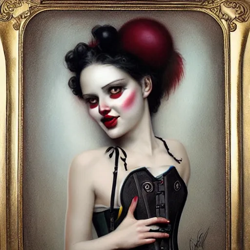 Prompt: by Tom Bagshaw, ultra realist soft painting of a carnival curiosities, single female clown in a corset, symmetry accurate features, very intricate details, focus, curvy, award winning, ultra dense fog