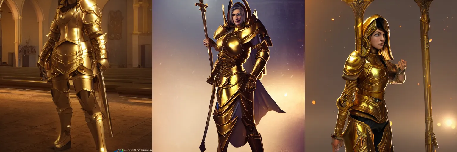 Prompt: female paladin in gold armour standing inside a church, super detailed, artstation, godrays, volumetric light, dusty