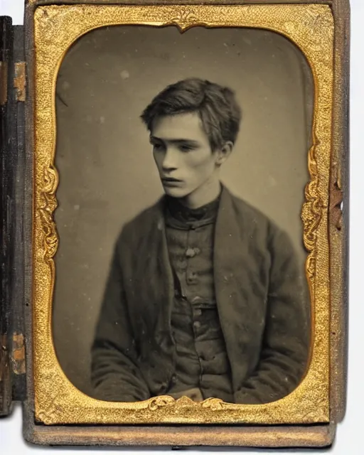 Image similar to tintype photo of alyosha karamazov, innocent young russian man, by julia margaret cameron 1 8 8 0 s, realistic, body shot, sharp focus, 8 k high definition, insanely detailed, intricate, elegant