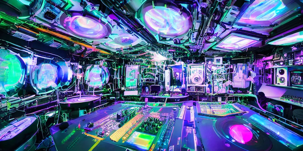 Image similar to giant speaker system audio visual holographic projection music recording studio in the interior of an international space station. filled with neon lights electronic dj equipment, modular synthesizer with cables everywhere. photorealistic 35mm 4k cgsociety