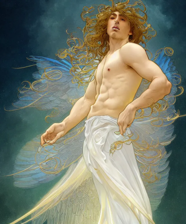 Image similar to fullbody portrait of a beautiful young fit male angel with curly blond hairs, full dressed in long fluent clothes, majestic symmetrical big dove wings, luminous halo, by greg rutkowski and alphonse mucha, gradient white to gold, in front of an iridescent background, highly detailed portrait, digital painting, artstation, concept art, smooth, sharp focus illustration