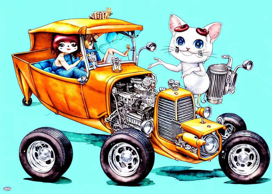 Image similar to cute and funny, margay riding in a tiny 1 9 2 3 ford t - bucket with oversized engine, ratfink style by ed roth, centered award winning watercolor pen illustration, isometric illustration by chihiro iwasaki, edited by range murata, tiny details by artgerm and watercolor girl, symmetrically isometrically centered