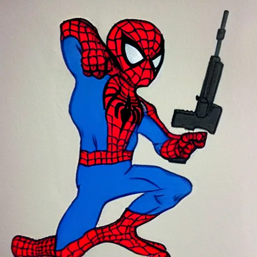 Image similar to crayon drawing of spiderman vs a gun, drawn by a 6 year old