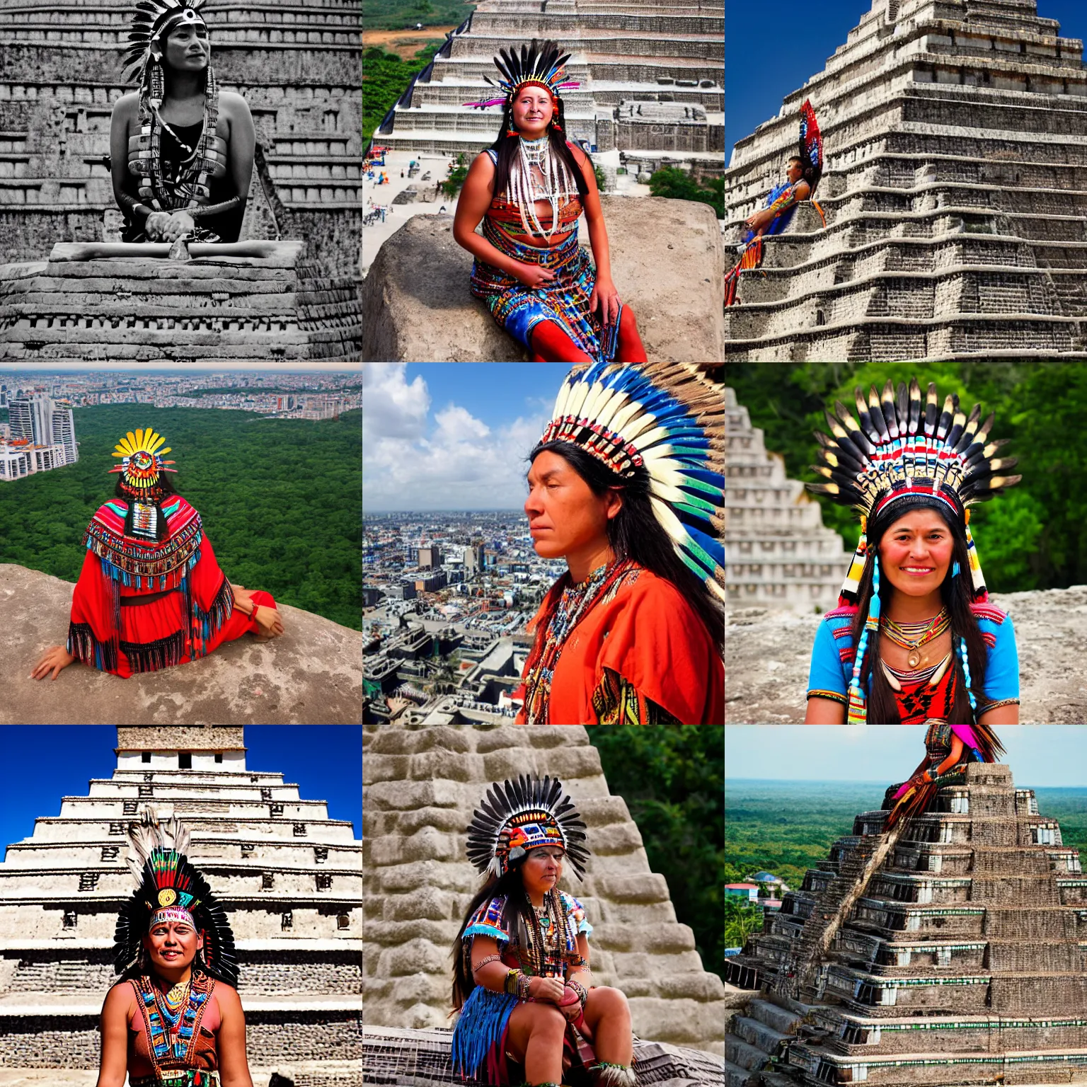 Prompt: aztec lady wearing native clothes and headdress sitting on top of a mayan pyramid looking down at skyscrapers below