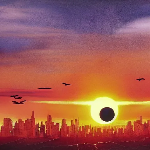 Image similar to an endless city. birds # # a red sun solar eclipse on the horizon., it goes in forever, dreamscape masterpiece., highly detailed.. 8 k.