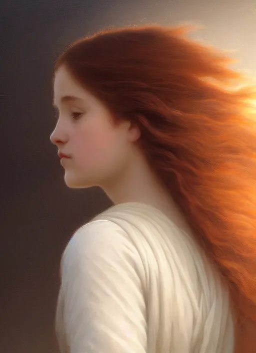 Image similar to oil painting close up portrait of a contemplative young irish woman with long redhead flowing hair in a dress made of white roses!! at sunset, hazy, digital art, chiaroscuro, artstation, cinematic, golden hour, digital art painting by greg rutkowski, william - adolphe bouguereau, foggy atmosphere, cinematic lighting