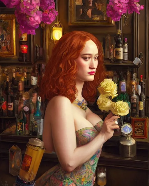 Image similar to sophisticated portrait of christina hendricks brie larson kat dennings, 1 9 8 0 s flower power hippy, very smoky cyberpunk paris bar, elegance, highly detailed, shallow depth of field, artstation, artgerm, donato giancola and joseph christian leyendecker