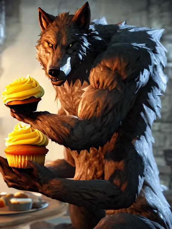 Image similar to cute handsome cuddly burly surly relaxed calm timid werewolf from van helsing holding a delicious cupcake with orange frosting sitting down at the breakfast table in the kitchen of a normal suburban home unreal engine hyperreallistic render 8k character concept art masterpiece screenshot from the video game the Elder Scrolls V: Skyrim