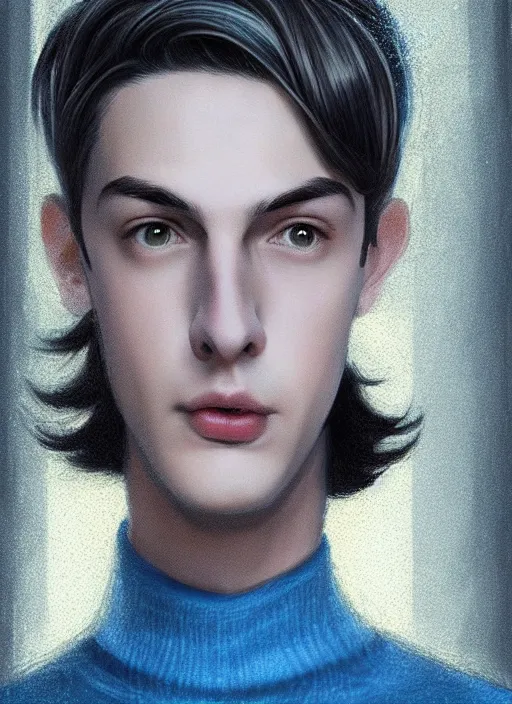 Image similar to portrait of teenage jughead jones wearing a light grey crown, crown, blue turtleneck, 1 9 5 0 s, closed eyes, photorealistic, black hair, glowing lighting, intricate, elegant, glowing lights, highly detailed, digital painting, artstation, concept art, smooth, sharp focus, illustration, art by wlop, mars ravelo and greg rutkowski