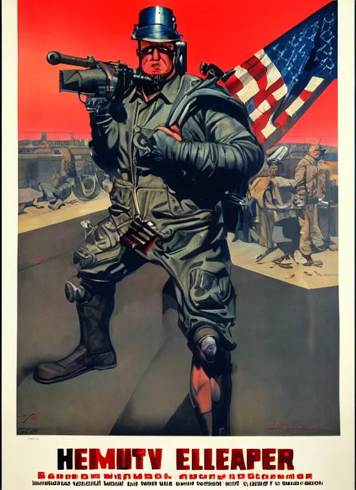 Image similar to american propaganda poster. cyberpunk heavy weapons guy. portrait by jean giraud and anton otto fischer and john philip falter and will eisner and gil elvgren