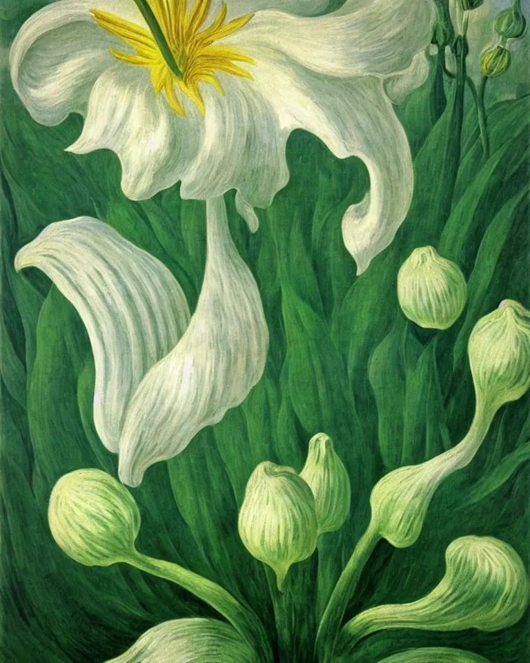 Prompt: achingly beautiful close - up painting of one giant white lily on green background rene magritte, monet, and turner. piranesi.