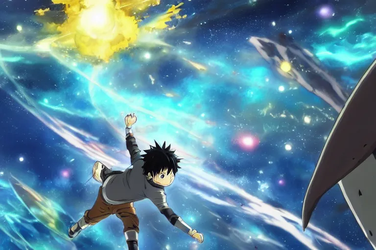 Image similar to Tonemapped Shonen protagonist!! splitting a gas giant in half like Parting of the Red Sea, with pack of Space Whales fly through an interdimensional rift! in background by (Hiromu Arakawa), Makoto Shinkai and (Cain Kuga)