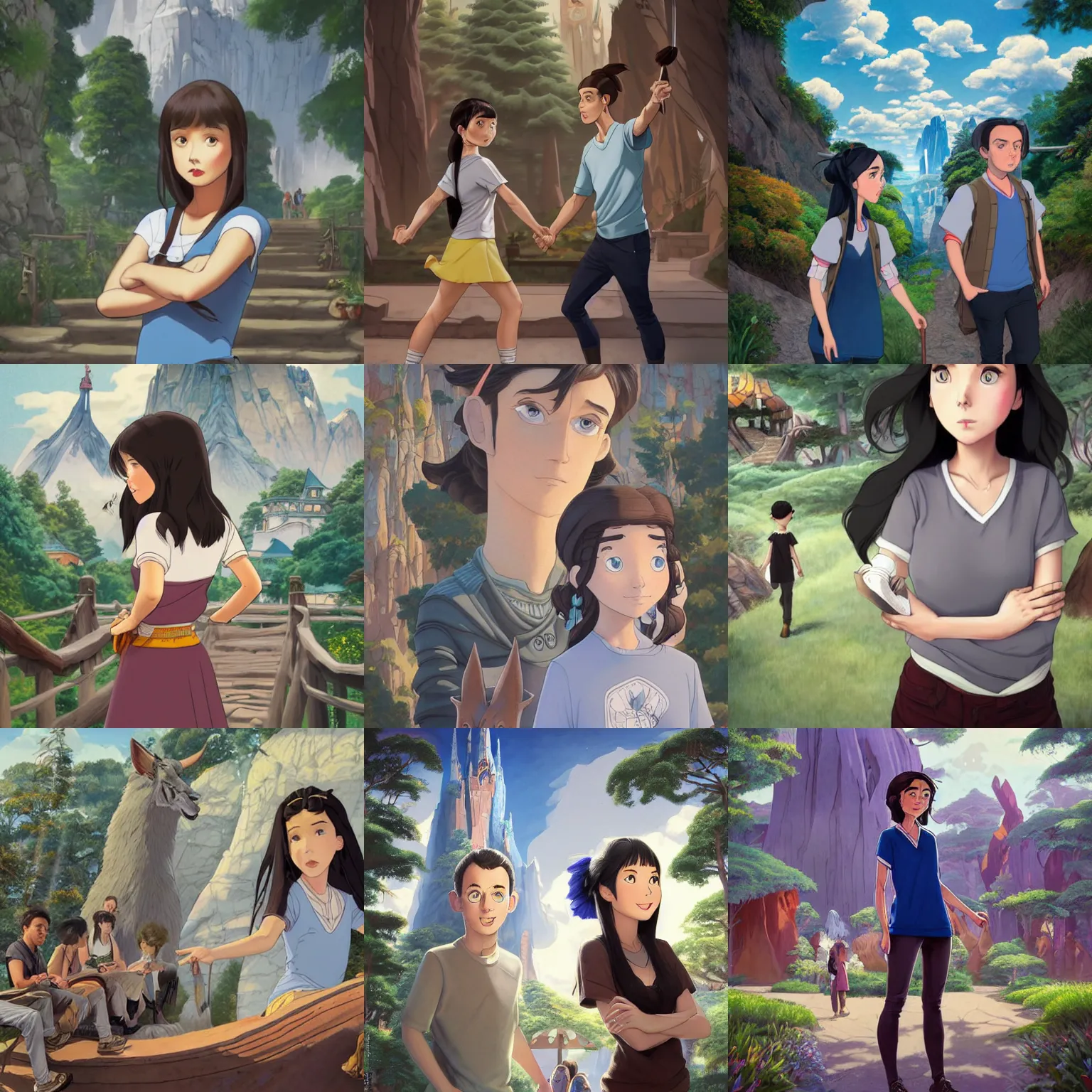 Prompt: full body cartoon render painting of a strikingly gorgeous assiniboine and mandan and german 👩🏻 with blue eyes and long dark brown hair, wearing a modern heather gray tshirt, at a theme park, rossdraws, studio ghibli, norman rockwell, emiliano ponzi, epic composition, hd, octane, unreal engine, volumetric lighting, masterpiece, award - winning
