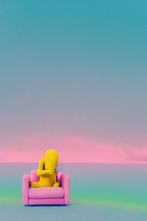 Prompt: high quality pastel coloured film close up wide angle photograph of homer simpson wearing clothing swimming on cloud furniture in a icelandic black rock environment in a partially haze filled dreamstate world. three point light, rainbow. photographic production. art directed. pastel colours. volumetric clouds. pastel gradient overlay. waves glitch artefacts. extreme facial clarity. 8 k. filmic.