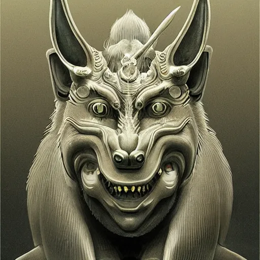 Image similar to a human with wolf head, naraka buddhist demon japan, thailand art, tubular creature, blood vesels, dystopian surrealism, artstyle alex ries zdzisław beksinski, symmetry accurate features, very intricate details, high resolution, symmetrical long head, smooth marble surfaces, detailed ink illustration, metal gear, cinematic smooth stone, deep aesthetic, concept art