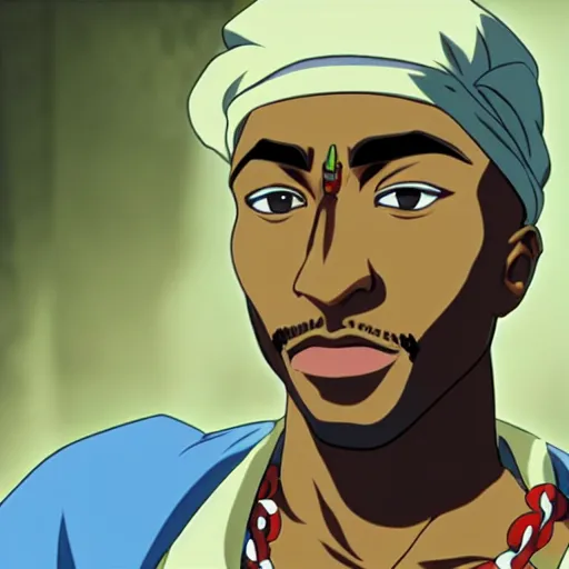 Image similar to Tupac Shakur, screenshot from a 2012s anime