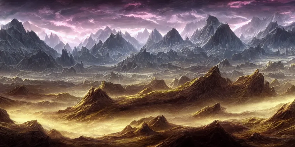 Image similar to The eldritch landscape with mountains in the background and great river down the middle, Sci-Fi fantasy desktop wallpaper, painted, 4k, high detail, sharp focus