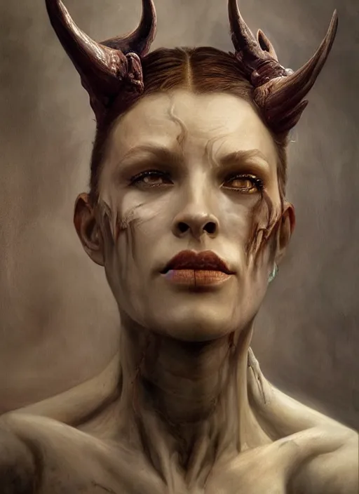 Image similar to half demon half human intricate skin latex, elegant, peaceful, full body, horns, hyper realistic, extremely detailed, dnd character art portrait, fantasy art, intricate fantasy painting, dramatic lighting, vivid colors, deviant art, artstation, by edgar maxence and caravaggio and michael whelan and delacroix.