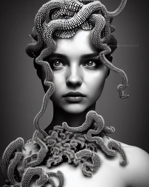 Image similar to surreal mythical dreamy artistic black and white fine art photo of a beautiful young female queen - medusa - cyborg covered with lace fish scales and translucent algae, highly detailed, intricate crystal ivy lace jelly fish scales ornate, poetic, octane render, 8 k, photo - realistic