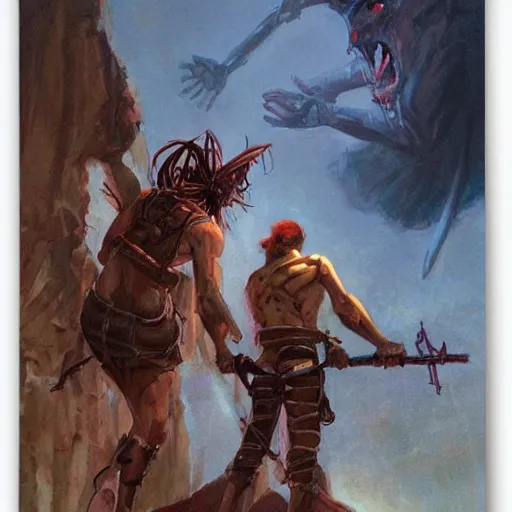 Image similar to a soldier with his back to the viewer, looks up to a giant demoness, by jon foster