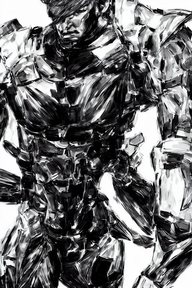 Image similar to a full - body portrait of cyborg donald trump, in yoji shinkawa's art style, metal gear solid art style, highly detailed, 4 k, artistic, white background, b & w