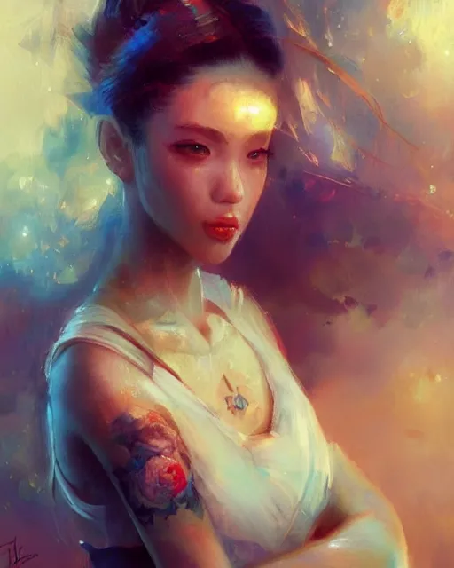 Image similar to a beautiful painting of sailor moon as a real girl, sailor moon hairstyle, oriental tattoos, realism, kawaii, ethereal, by jeremy mann and greg rutkowski, dramatic earth colors, few vivid blue highlights, trending on artstation, pixiv, oil on canvas