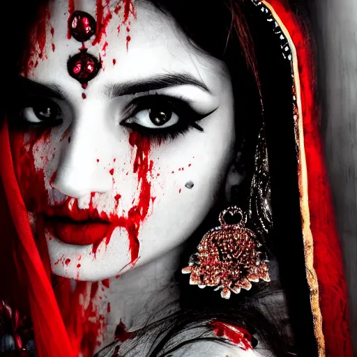 Image similar to beautiful Hindu lady of the dark with veil, cover with blood, horror terrifying, soft light, realistic, photorealistic, ultra detailed, high definition, irwin penn, full HD, 8k!