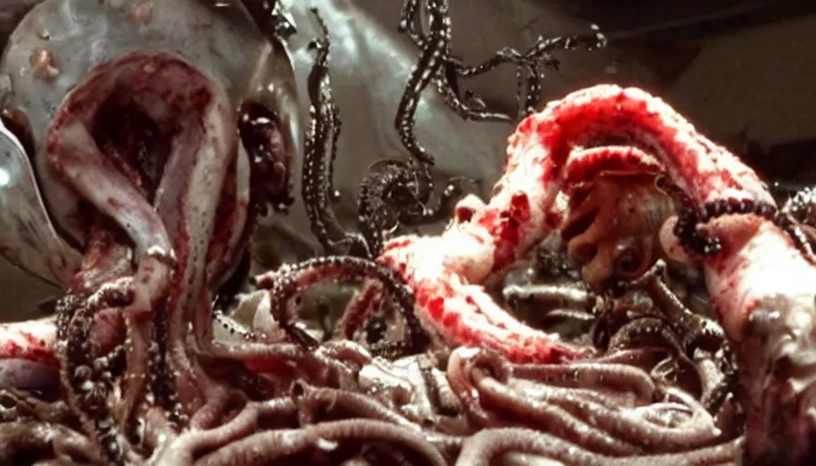 Image similar to Big budget horror movie, a squid bloodily rips out a man's intestines while a cyborg watches an octopus