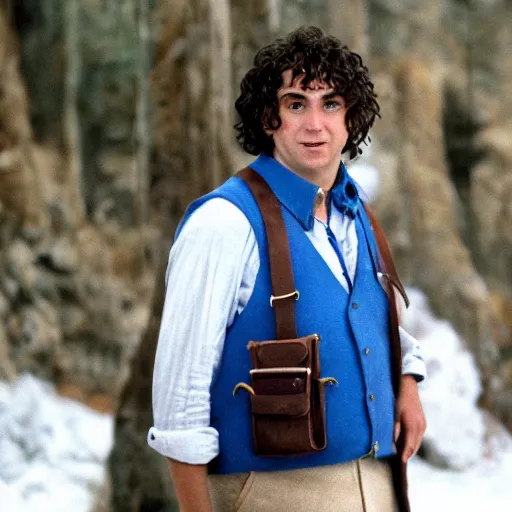 Image similar to frowning clean shaven pudgy British lad with short curly dark brown hair as a hobbit wearing a white men's crossbody sling chest bag and blue vest, blue vest!! white crossbody chestbag!! high resolution film still, movie by Peter Jackson