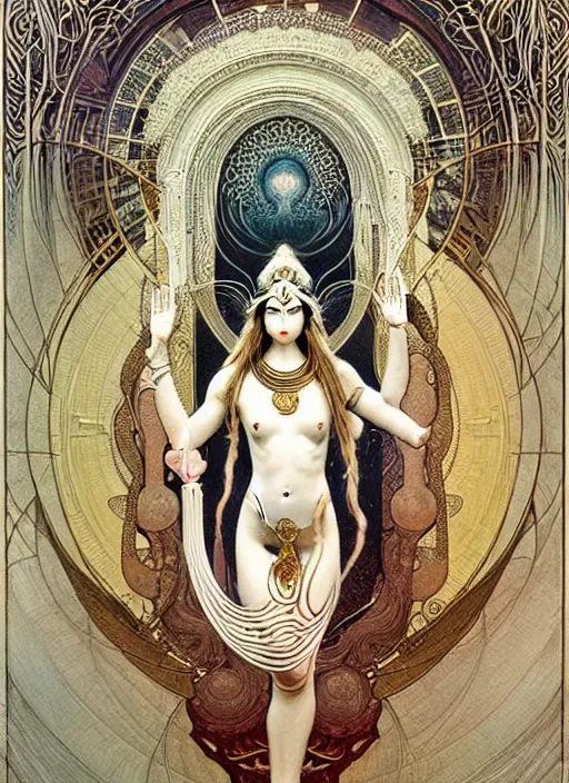 Image similar to a painting. a white shiva. trichiales. gold art nouveau mucha border. top circle arch, hyper complexity, intricate detailed, realistic art deco by greg rutkowski and zdzisław beksinski and john harris photoreal