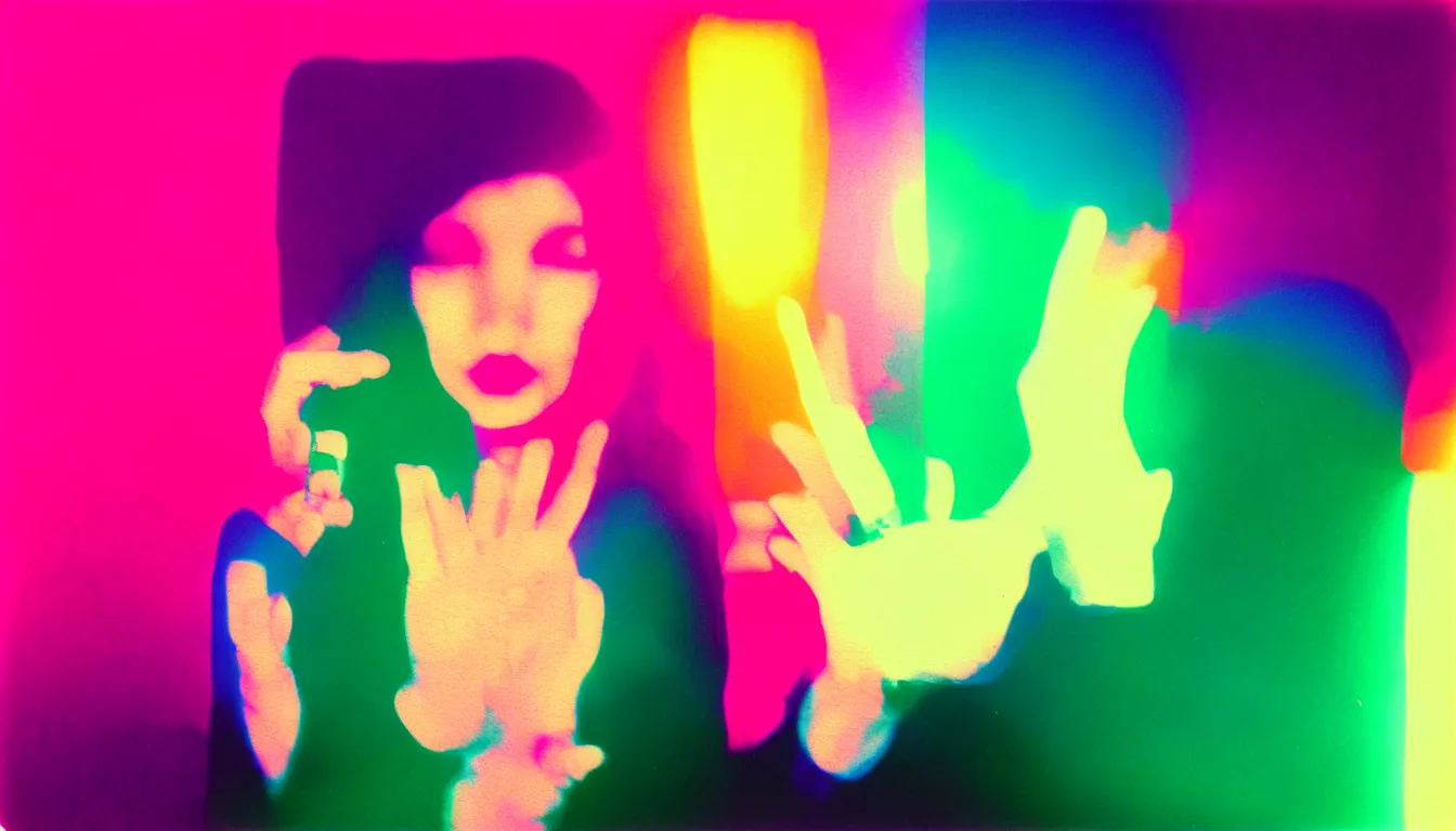 Prompt: colorful instant photograph of a woman blocking the camera with her hand, polaroid, light leak, raw, nostalgic