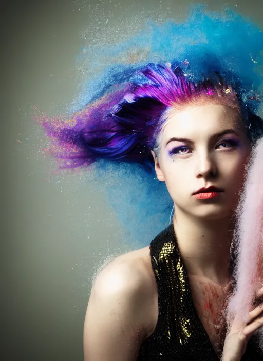 Prompt: a dramatic lighting photo of a beautiful young woman with cotton candy hair. paint splashes. moody, melanchonic. with a little bit of gold and white