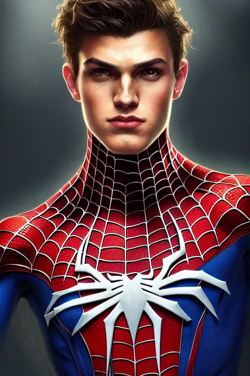 Image similar to portrait of a young spiderman handsome, male, masculine, upper body, d & d, fantasy, fierce, sharp features, intricate, elegant, highly detailed, digital painting, artstation, concept art, matte, sharp focus, illustration, art by artgerm and greg rutkowski and alphonse mucha