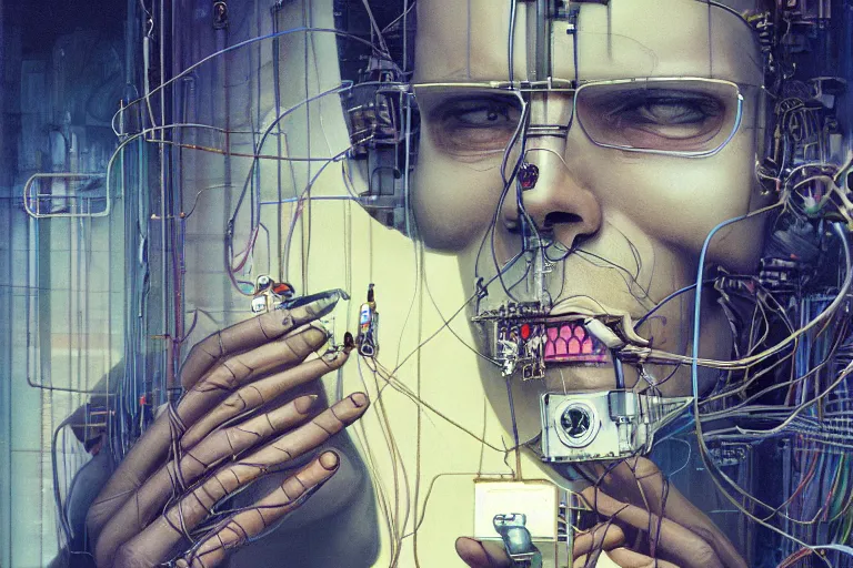 Image similar to man with wires on his head and a cigarette in his mouth, cyberpunk art by daniel merriam, behance contest winner, panfuturism, circuitry, darksynth, future tech