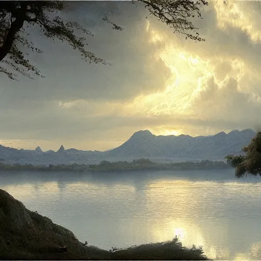 Image similar to the lakes of midgard, detailed matte painting of a dusk landscape in summer, barometric projection, by andreas rocha john howe, and Alberto Giacometti