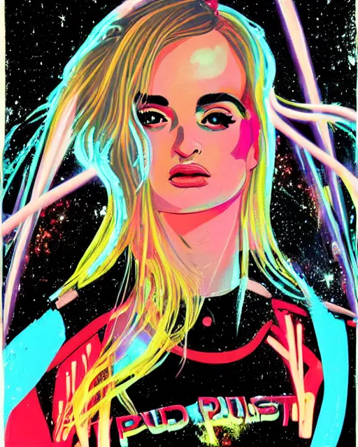 Image similar to a pulp illustration of a gorgeous kim petras in dead space, with wild blonde hair and haunted eyes, 1 9 7 0 s, space station, neon light, delicate embellishments, painterly, offset printing technique