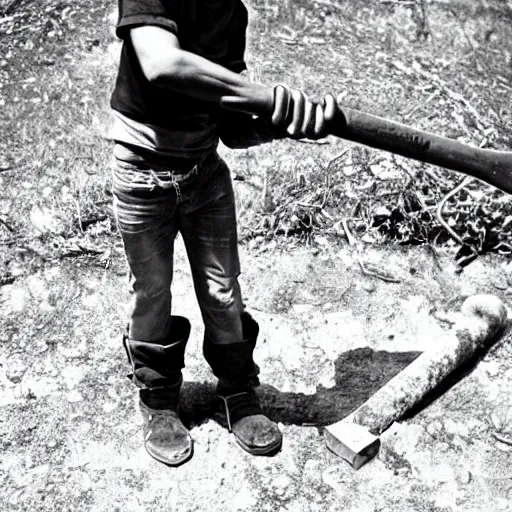 Image similar to a photo of a blacksmith kid holding big hammer by terry richardson