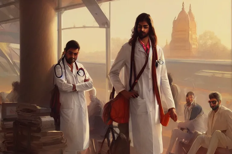 Image similar to Anxious good looking pale young Indian doctors wearing American clothes at the airport, portrait, elegant, intricate, digital painting, artstation, concept art, smooth, sharp focus, illustration, art by artgerm and greg rutkowski and alphonse mucha