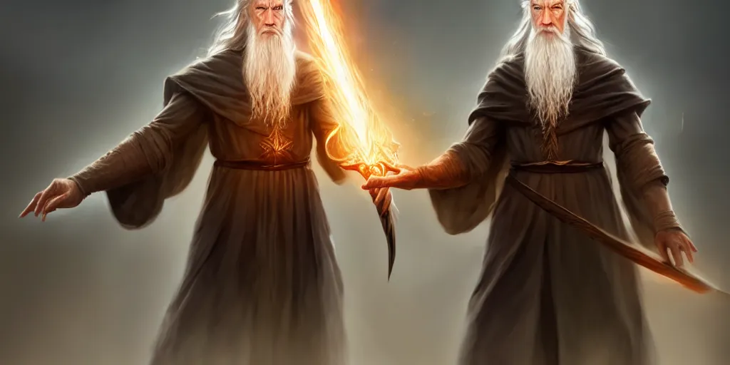 Image similar to a handsome bearded white male sorcerer, he is casting a spells coming from his hands. gandalf, brown hair, epic composition, closed hands, waist up, trending on artstation, concept art,