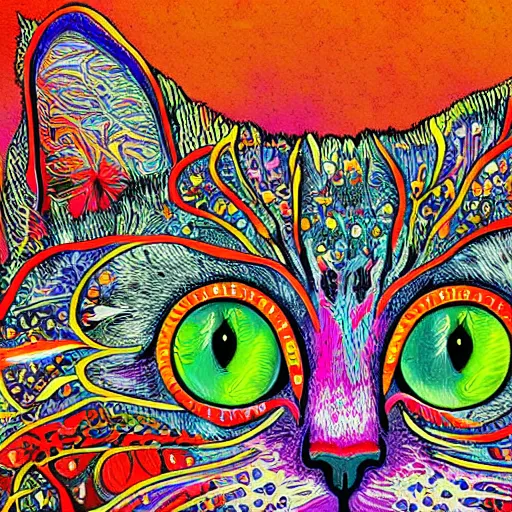 Image similar to psychedelic cat in the style of louis wain, detailed matte painting, 8k