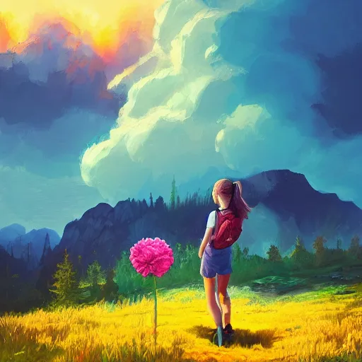 Image similar to giant carnation flower head, girl hiking in the mountains, surreal photography, sunrise, dramatic light, impressionist painting, colorful clouds, digital painting, artstation, simon stalenhag