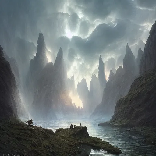 Image similar to a beautiful detailed realistic matte painting of a serene landscape with an eerie dark magic lightning portal to another dimension, by john howe and alexander skold and andreas rocha. vray, raytracing, detailed lighting, volumetric lighting, cinematic lighting, very wide shot, f 8