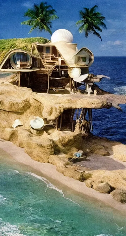 Image similar to seashell house where a hermit girl lives, atmospheric cinematography by syd mead and emmanuel lubezki