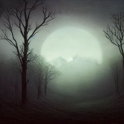 Prompt: A haunting dark castle stands over a misty orchard, a crescent moon dimly shines; lighting a small path that winds through the trees. A matte painting in the style of Wayne Barlowe, Zdzisław Beksiński, by Mordecai Ardon.