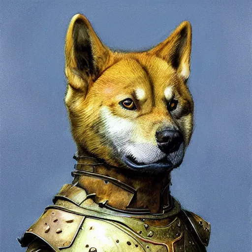 Image similar to daedric armor skyrim, realistic anthropomorphic shiba inu, fantasy, blue and yellow aura, by donato giancola and greg rutkowski and wayne barlow and zdzisław beksinski, realistic face, visible face, digital art, artstation, symmetry