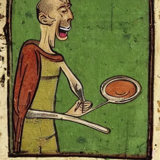 Image similar to skinny ugly man in green body suit, frying pan in one hand, angry, fighting, medieval art