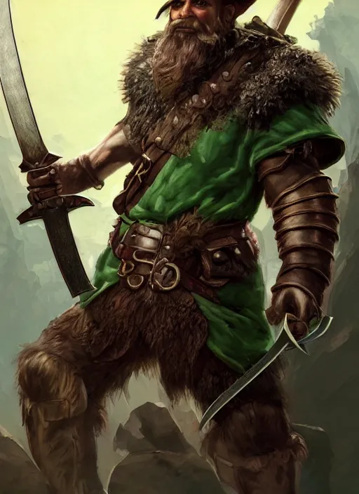 Image similar to strong young man, photorealistic bugbear ranger holding sword, fire magic, black beard, dungeons and dragons, pathfinder, roleplaying game art, hunters gear, jeweled ornate leather and steel armour, concept art, character design on white background, by norman rockwell, makoto shinkai, kim jung giu, artstation trending, poster art, colours red and green