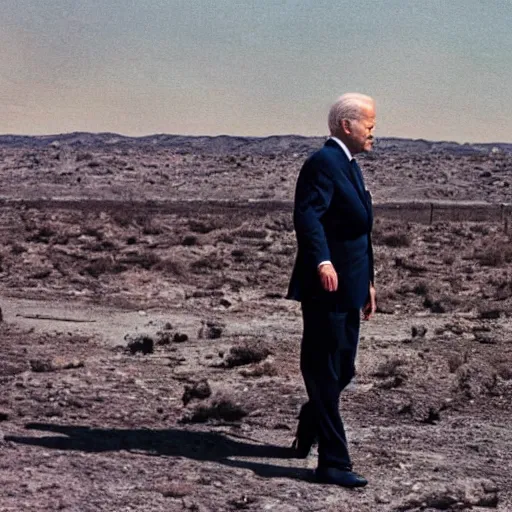 Image similar to a color photo taken from a distance of joe biden walking in a wasteland